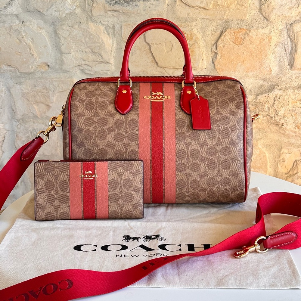 Coach Signature Stripe Large Rowan Handbag&Wallet set authentic sold out NWT